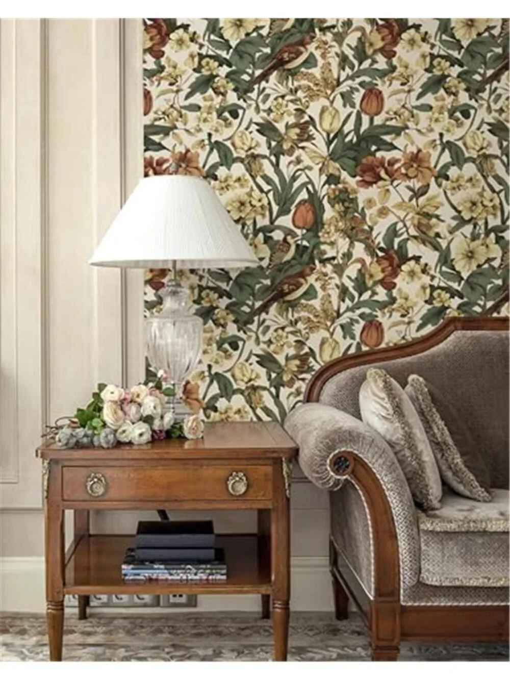 Floral Bird Peel And Stick Wallpaper Beige Vintage Removable Contact Paper